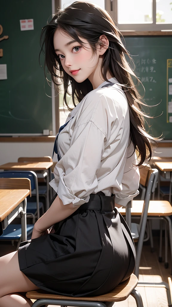 A beautiful high school girl who is half French and half Japanese、Anyway, her face is beautiful、Beautiful blue eye color、Beautiful long, straight, bright blonde hair、Please wear sailor uniforms, which are typical of Japanese school uniforms.。The background is a high school classroom、A female high school student is sitting in a chair facing the blackboard and taking a class.。She seems to be having fun talking with other high school girls.、Please include one other high school girl.。So there are a total of two characters.。The image is of someone watching the two of them from behind.、The face is in profile and smiling happily.、Please look away from the camera and show her laughing with other high school girls.。