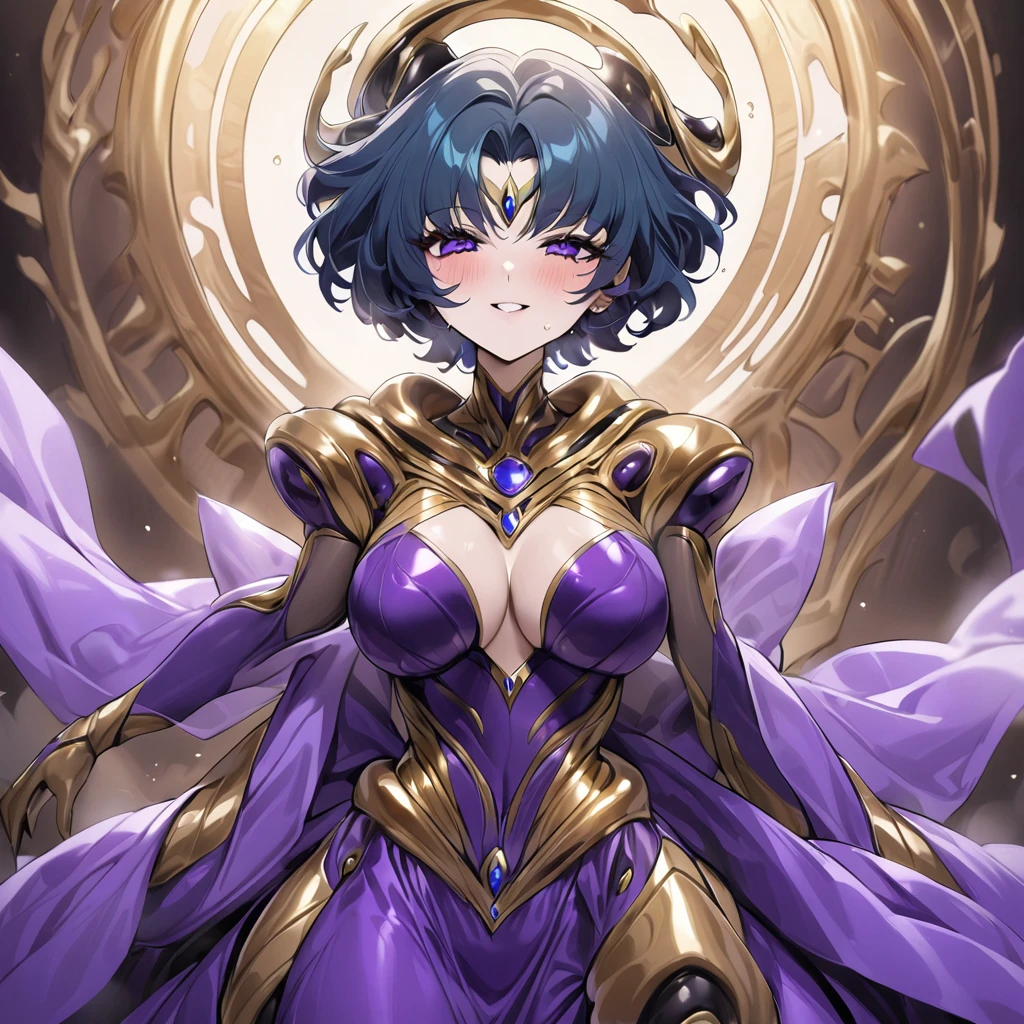 ((highest quality)), ((masterpiece)), (detailed), （Perfect Face）、The woman is an alien named Mercury, wearing a gorgeous alien dress decorated in purple and black with gold, with short blue hair and a completely alien body.、The woman is happily cuddling with the powerful alien king.