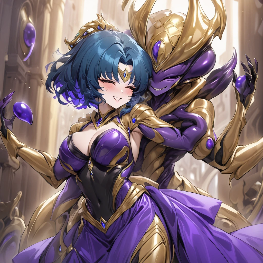 ((highest quality)), ((masterpiece)), (detailed), (Perfect Face)、The woman is an alien named Mercury, wearing a gorgeous alien dress decorated in purple and black with gold, with short blue hair and a completely alien body.、The woman is happily cuddling with the powerful alien king.