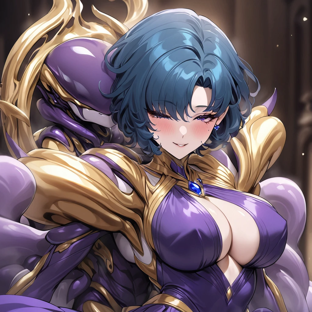 ((highest quality)), ((masterpiece)), (detailed), (Perfect Face)、The woman is an alien named Mercury, wearing a gorgeous alien dress decorated in purple and black with gold, with short blue hair and a completely alien body.、The woman is happily cuddling with the powerful alien king.