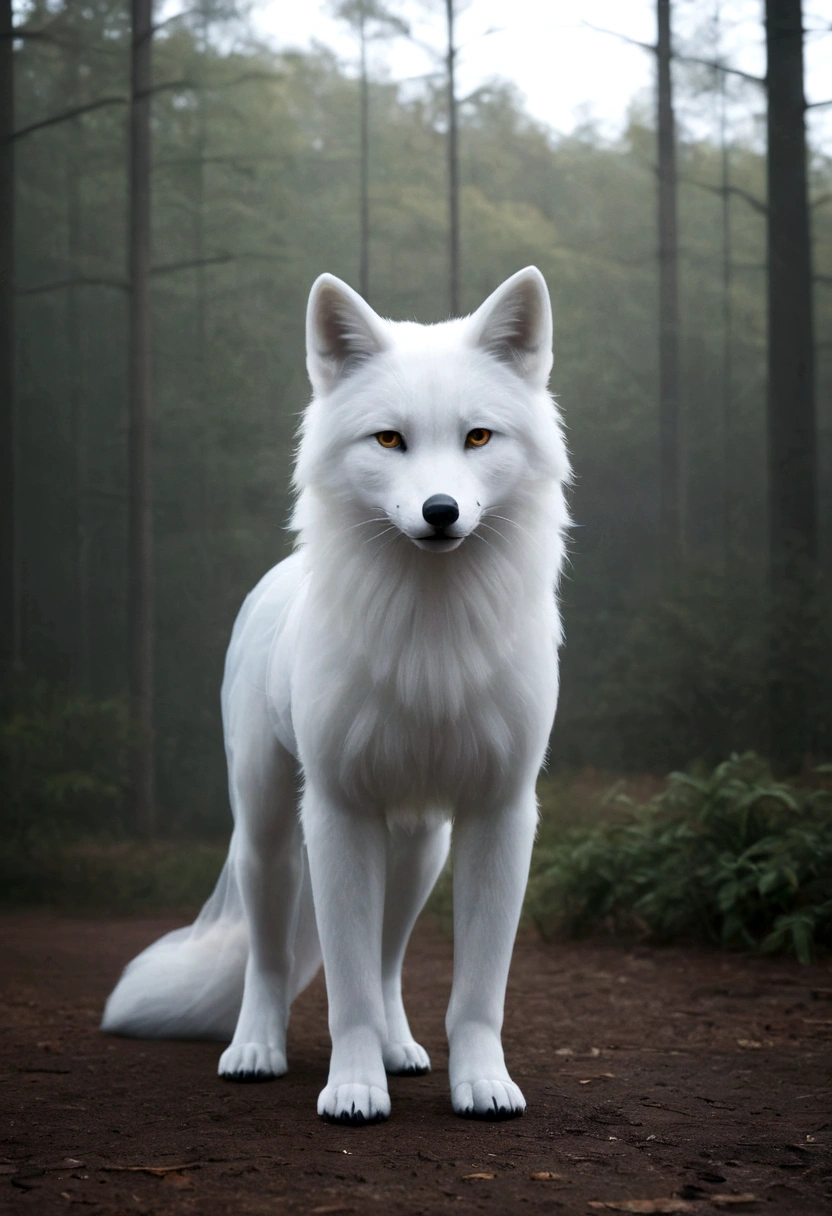 Translucent fox、looking at the camera、The background is a forest、Shooting from a distance