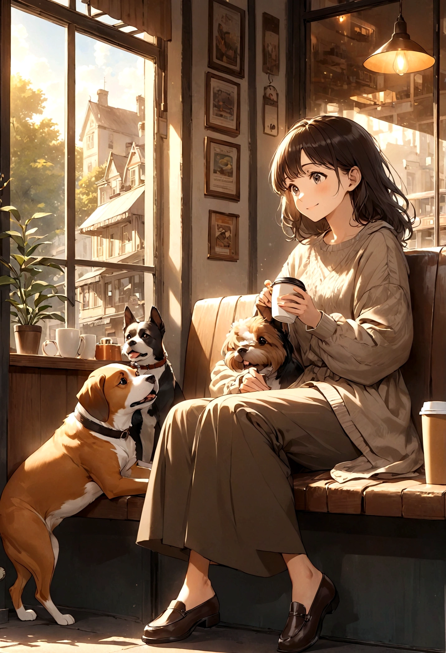 Studio Ghibli style, jazz, retro coffee shop, a relaxed Sunday morning. A woman and a dog are sitting together, enjoying coffee. The woman has a gentle smile and wears casual clothes, while the dog sits beside her on the bench, looking content. The atmosphere is warm and cozy, with sunlight streaming through the window and a hint of jazz music playing in the background. The scene captures a peaceful moment of relaxation and companionship.