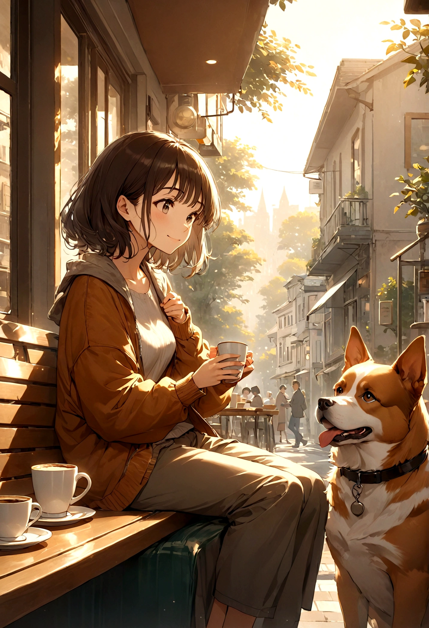 Studio Ghibli style, jazz, retro coffee shop, a relaxed Sunday morning. A woman and a dog are sitting together, enjoying coffee. The woman has a gentle smile and wears casual clothes, while the dog sits beside her on the bench, looking content. The atmosphere is warm and cozy, with sunlight streaming through the window and a hint of jazz music playing in the background. The scene captures a peaceful moment of relaxation and companionship.