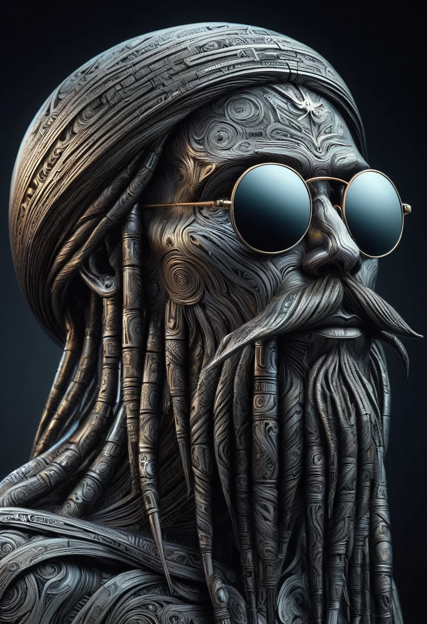 Retro-Futuristic Sculpture Made from Thousands of Blocks of Acid-Etched Damascus Steel, 3D floating head of a Rastafarian, View from the side, return, look up, Full head of dirty braids, (pilot, Mirror Sunglasses:1.2), A dreadlocked beard, Damascus pattern, cold steel, Backlight, High reflectivity, dark gradient background, Volumetric Fog