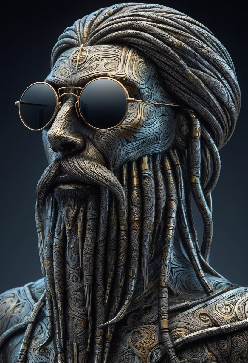 Retro-Futuristic Sculpture Made from Thousands of Blocks of Acid-Etched Damascus Steel, 3D floating head of a Rastafarian, View from the side, return, look up, Full head of dirty braids, (pilot, Mirror Sunglasses:1.2), A dreadlocked beard, Damascus pattern, cold steel, Backlight, High reflectivity, dark gradient background, Volumetric Fog