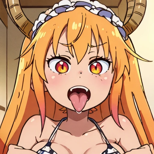Tohru, ojos detallado, pechos grandes rebotando, cuerpo completo, pechos enormes y suaves, pezones ricos, Outfit_CowprintBikini, mouth open and tongue out SOLO
