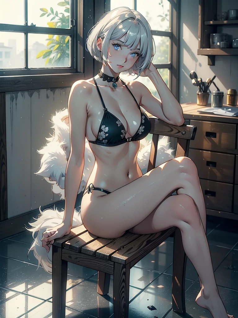 ((masterpiece)), ((best quality)), (ultra-detailed), ((extremely detailed)), 4K, (8K), best quality, a beautiful woman, ((beautiful light gray hair)), shiny hair, ((fluffy bob cut)), light blue eyes, freckled skin, flushed cheeks, 20 years old,
((sitting in Indian style)), seated, floral black bikini, bare feet, perfect limbs, full body, accessories
Slender wooden one-person designer chair, one chair, front view, shot from distance, bright lighting, cracked concrete room, windowless interior, ((room with no furniture except one chair)), green mortar walls, waterlogged marble floor, light illuminating entire body