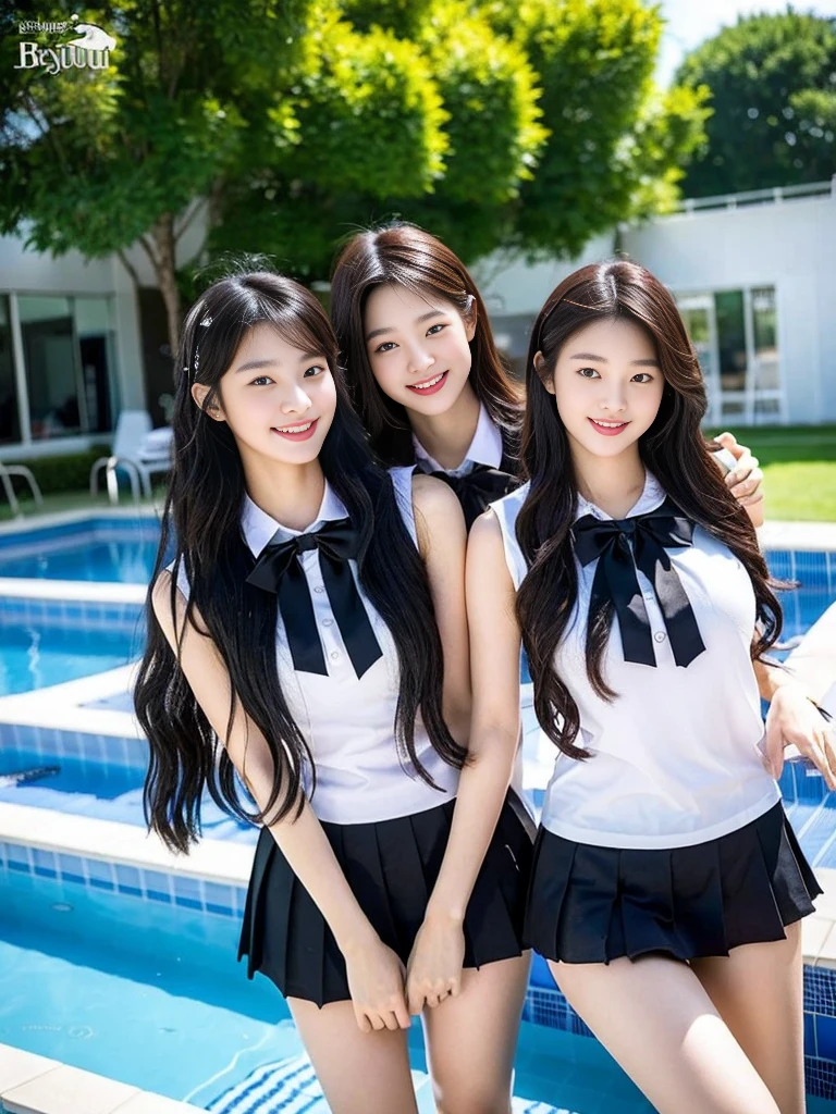 (Two super cute Korean high school girls take a photo together 1.2)(To laugh out loud:1.2)(Beautiful Sweat:1.1)(16k, RAW Photos, highest quality, masterpiece: 1.2),(Mr.々Beautiful blonde with a stylish hairstyle:1.2) Super detailed, Super Resolution, (Genuine, Genuine photos: 1.37), Portraiture, High-resolution RAW color photos, Professional photos, Very detailed, 8k wallpaper, Very detailed CG Unity 8k wallpaper, Very detailed beautiful girls, Very detailed faces, ((whole body)), beautiful woman, Huge breasts,(huge boobs:1.1) (Big Boobs:1.1), Beauty college student (A tight, girly sleeveless with ribbons),high school girl, Korean Girls,(K-POP Female Idols), (Idol-class beauty)(Beautiful high school girl:1.1)(School swimming pool)(18-year-old)(Stylish school uniform-style outfit for summer:1.1)(Group photo:1.2)(Splash:1.1)