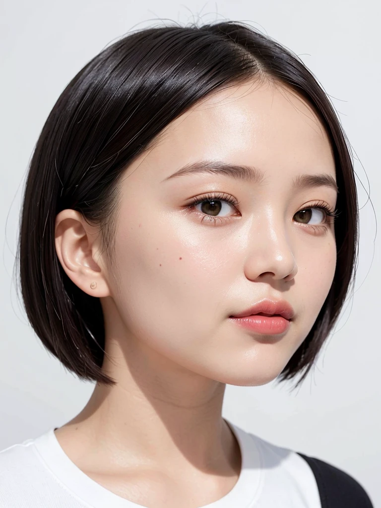 ((highest quality)), ((masterpiece)), (detailed), One girl,White background,Short Bob,Clear skin,clear,Shooting from a distance,Beauty salon model,Street Snap,Black Hair