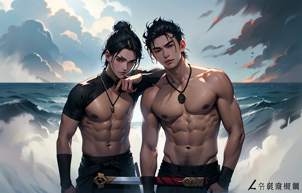 Chinese General, 21 years old, Mature man, Hair Bun, Wearing black Hanfu, amulet and black cloak, battle mode, Holding a sword, brave, proudly, Background with grey cloudy sky