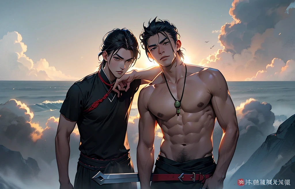 Chinese General, 21 years old, Mature man, Hair Bun, Wearing black Hanfu, amulet and black cloak, battle mode, Holding a sword, brave, proudly, Background with grey cloudy sky
