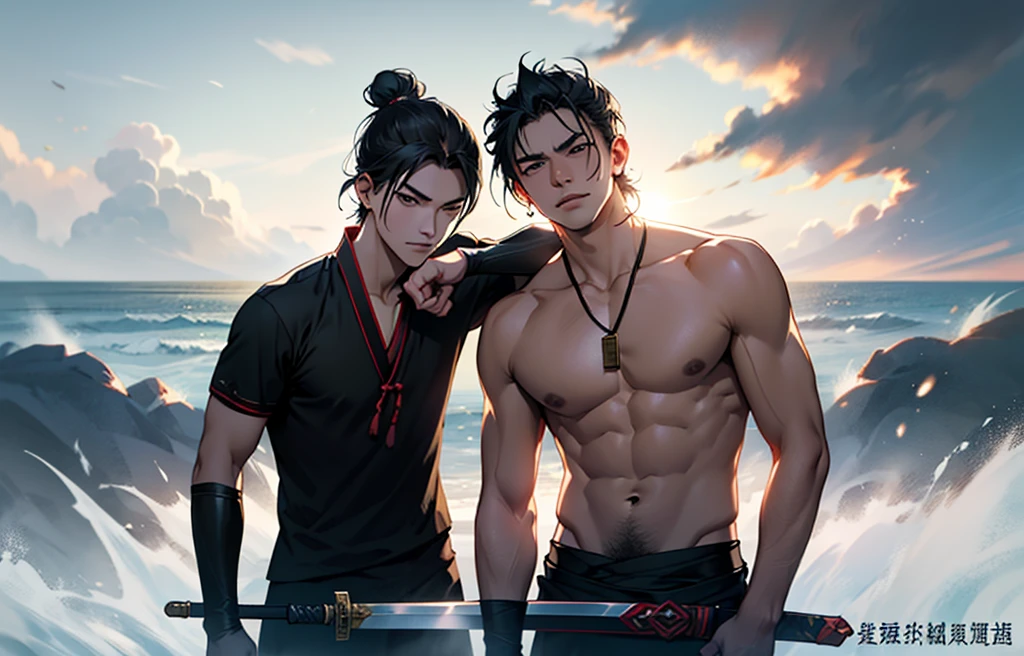 Chinese General, 21 years old, Mature man, Hair Bun, Wearing black Hanfu, amulet and black cloak, battle mode, Holding a sword, brave, proudly, Background with grey cloudy sky