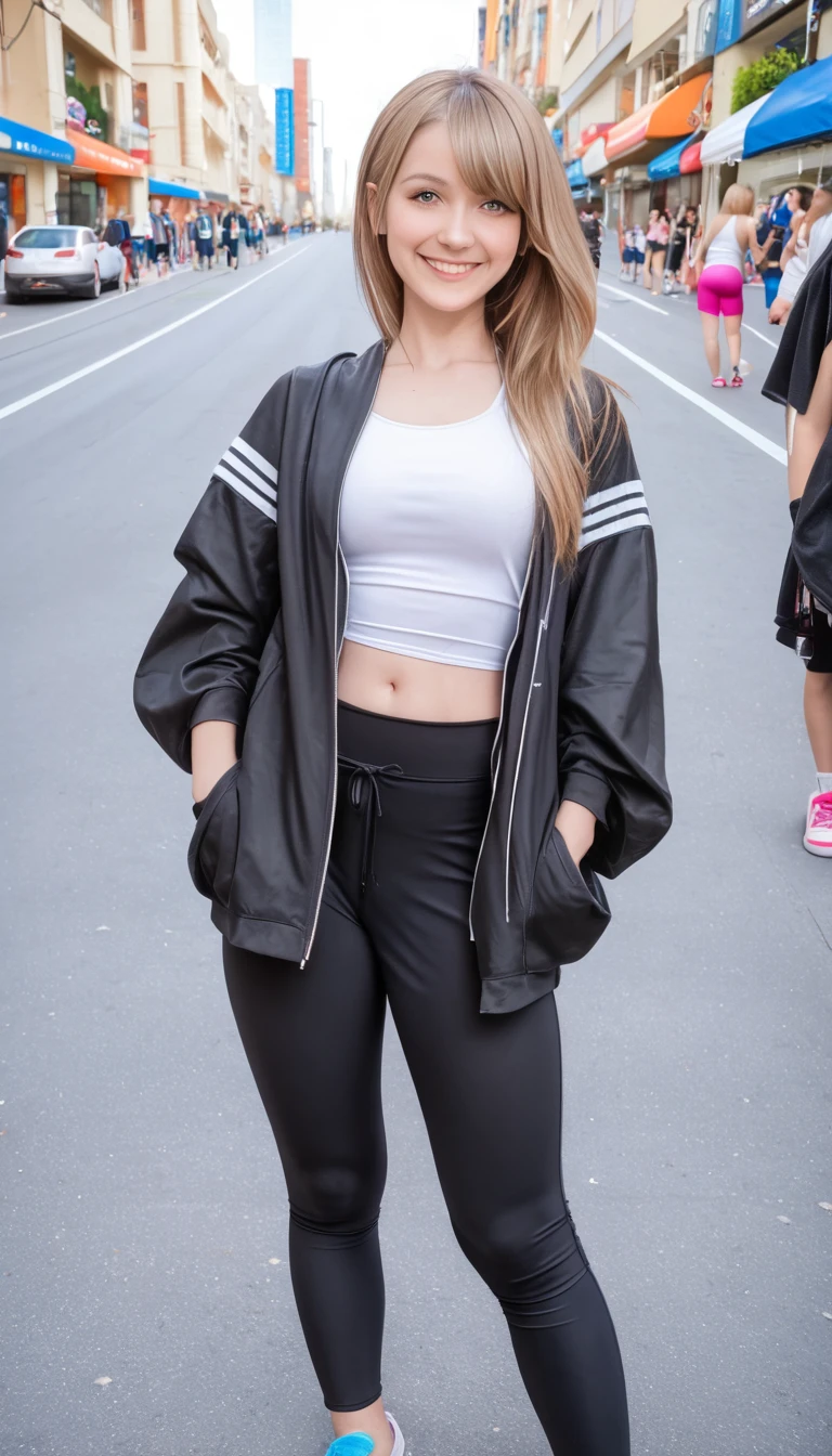 best quality, Ultra-high resolution, (Reality:1.4), 1 Girl, Oversized black jacket, White movement, (Yoga Pants:1), (Light brown hair:1.2), Looking at the audience, Smile, Foote Body, street, Urban, cosmetic, Wide Angle