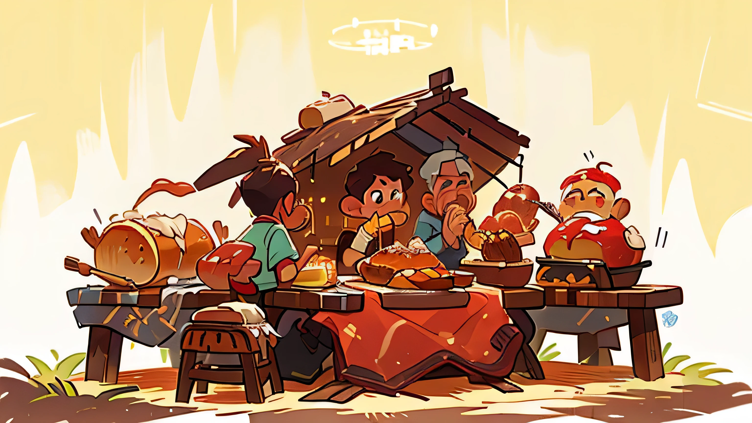 yellow background，Cartoon people grilling meat on the grill, food, , hot food,lunch delivery logo, barbecue, rustic table，Rotisserie，Just a table, no jail term, Just scenery, Just a rustic wooden table and iron pot，BBQ Clear，Ultra high quality，The picture is clear
