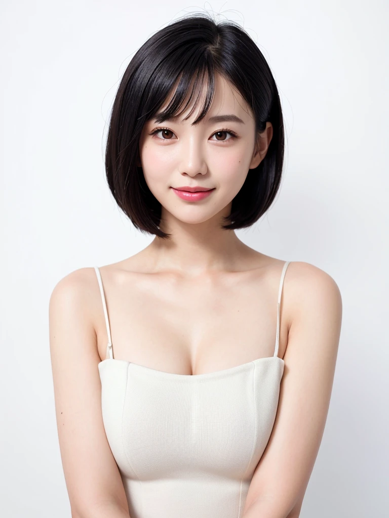 ((highest quality)), ((masterpiece)), (detailed), One girl,White background,Short Bob,Clear skin,clear,Shooting from a distance,Beauty salon model,Street Snap,Black Hair,Natural smile