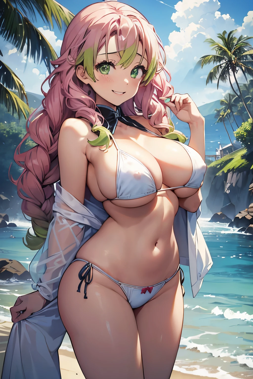 (8K、masterpiece、Highly detailed background、high resolution)、(mitsuri kanroji)、Cleavage、(beach、White Bikini、Gravure pose、Embarrassed smile、Nipple protrusion)