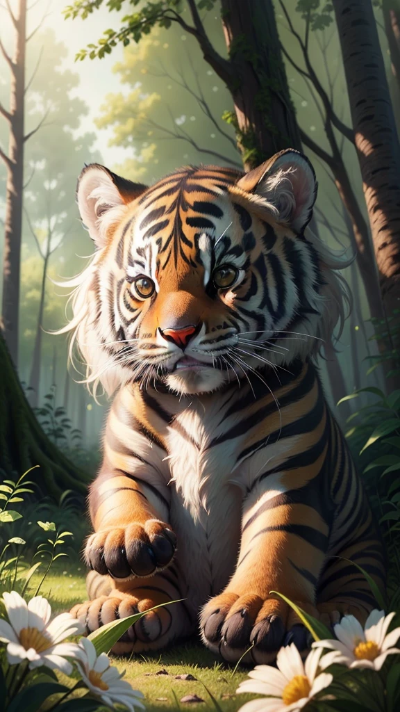 epic realistic photography, A drawing of a cute baby (tigre) surrounded by beautiful flowers and trees in a forest clearing No background