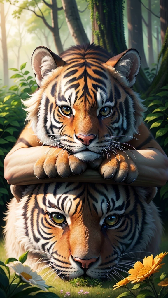 epic realistic photography, A drawing of a cute  (tigre) surrounded by beautiful flowers and trees in a forest clearing No background