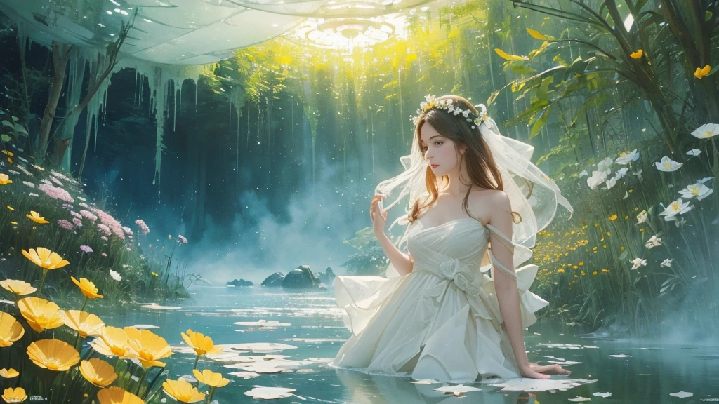 32k, Masterpiece, highest quality, One girl, Detailed eyes, flower,Sandersonia, Yellow and white style,A dreamy, romantic piece,Pale orange, Mysterious Leaves,A playful arrangement,Fantasy,High Contrast,Ink strokes,explosion,Exposure, Impression of yellow and white tones,Abstract,((Watercolours by John Berkey and Jeremy Mann )) Brush strokes,Negative Space, Tyndall effect,