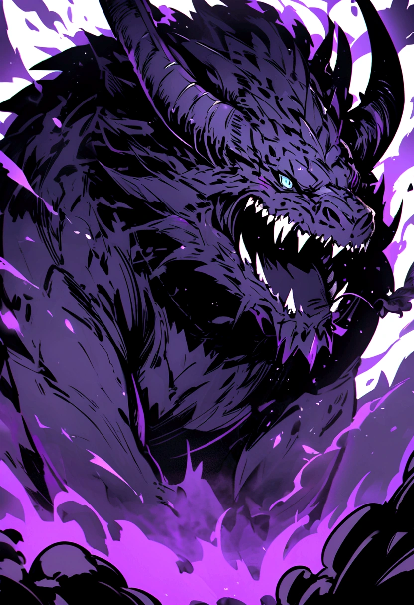 The dragon that like a buffalo with aura , dark purple scale , blue eye , sharp tooth and nail , soft tail