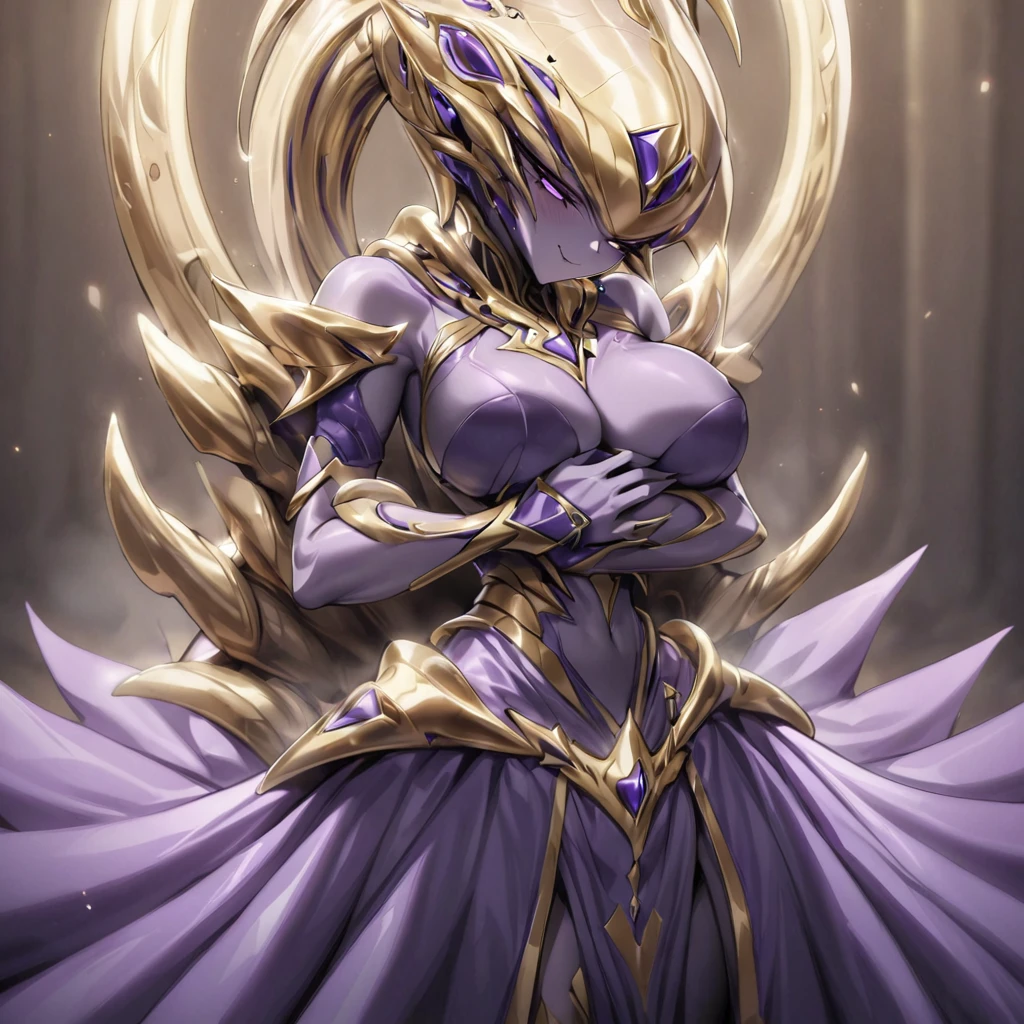 ((highest quality)), ((masterpiece)), (detailed), （Perfect Face）、The woman is Alien Princess Leona, wearing a gorgeous alien dress decorated in purple and black with gold, with long light brown hair and a completely alien body.、The woman is happily cuddling with the powerful alien king.