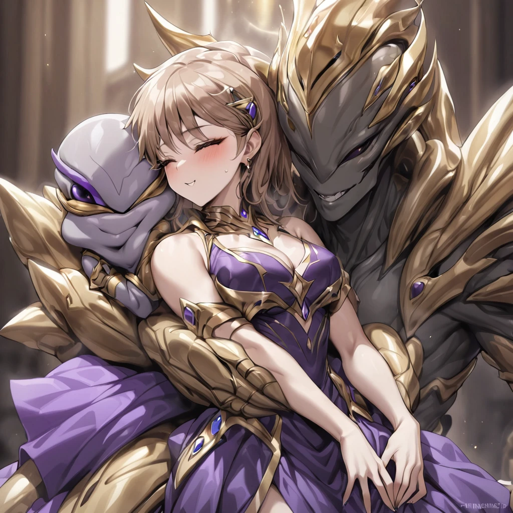 ((highest quality)), ((masterpiece)), (detailed), (Perfect Face)、The woman is Alien Princess Leona, wearing a gorgeous alien dress decorated in purple and black with gold, with long light brown hair and a completely alien body.、The woman is happily cuddling with the powerful alien king.