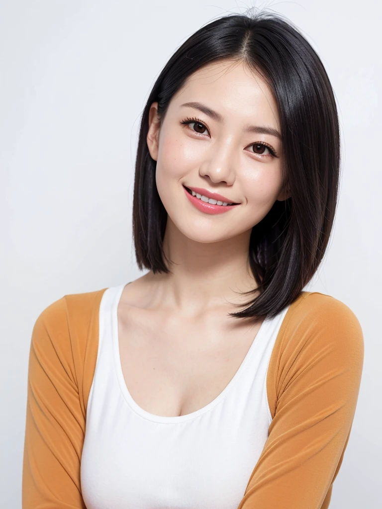 ((highest quality)), ((masterpiece)), (detailed), One girl,White background,Short Bob,Clear skin,clear,Shooting from a distance,Beauty salon model,Street Snap,Black Hair,Natural smile