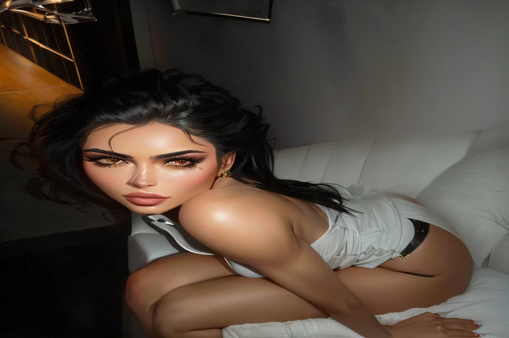 Hay una mujer sentada en una silla con un control remoto en la mano, Kylie Jenner, kim kardashian, very pose seductora, pose seductora, hermosa dama, still from kim kardashian movie, mirada sexy at the camera, looking caliente, mirada sexy, pose muy sexy, mujer hermosa, mirada sexy, caliente, backlit, mujer impresionante, cara sexy, hermosa mujer