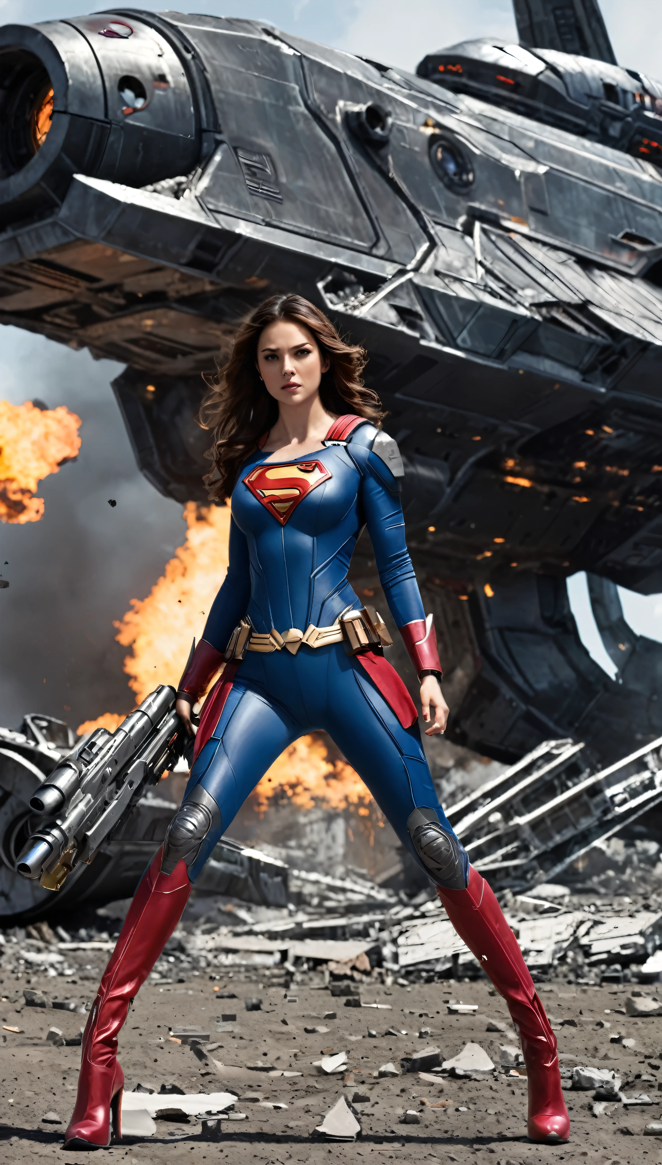 Superwoman High quality gun-equipped female protagonist、Boldly placed in front of a devastatingly destroyed spaceship、It&#39;s reminiscent of the official character art。On a desolate background、Dust from a once thriving galaxy々The remains of the、It reminds me of the setting of a fallen empire.。The surrounding atmosphere　A woman stands out in the foreground.、Her images are ultra-detailed, high-resolution masterpieces.。Slim figure