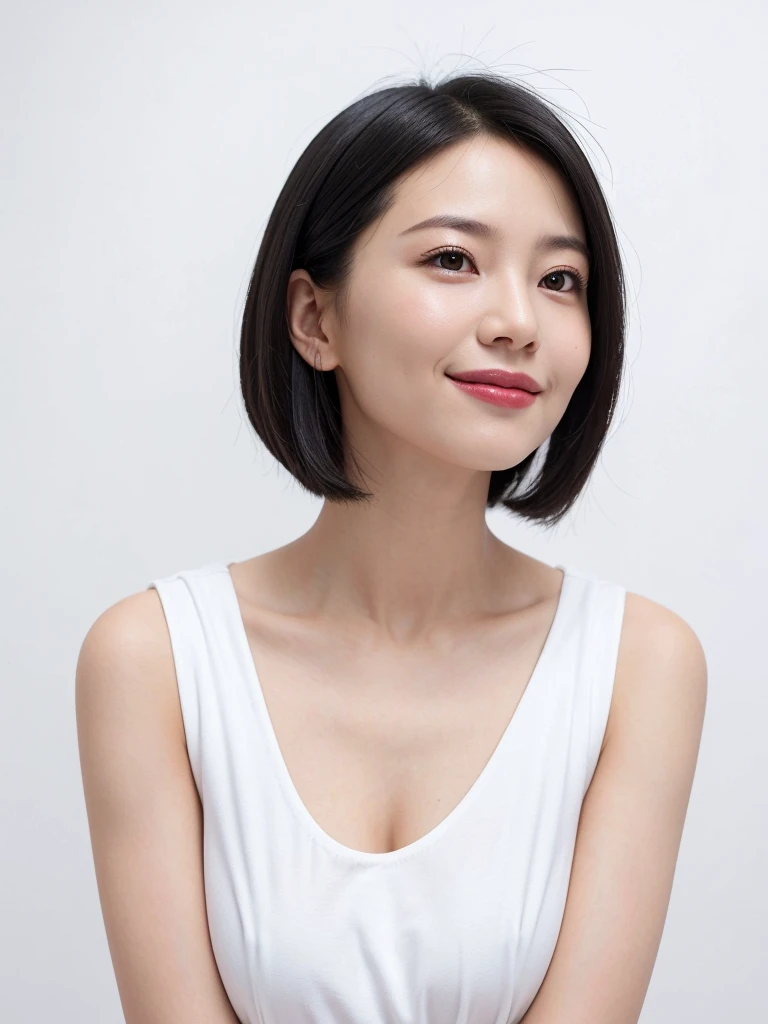 ((highest quality)), ((masterpiece)), (detailed), One girl,White background,Short Bob,Clear skin,clear,Shooting from a distance,Beauty salon model,Street Snap,Black Hair,Natural smile