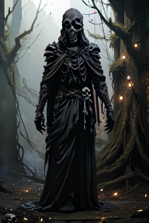 (full body:1.4).skeleton with purple lights in eye sockets.(realistic illustration:1.3),((dark fantasy:1.4)).((male)) ((black skull face:1.4)), ((Hooded)) (shadow) ((wraith)) in black battle ((armor)), tall, imposing, (glowing violet eyes:1.2), (cross pendant:1.3). brandishing black ((great sword)) in purple flames. masterpiece