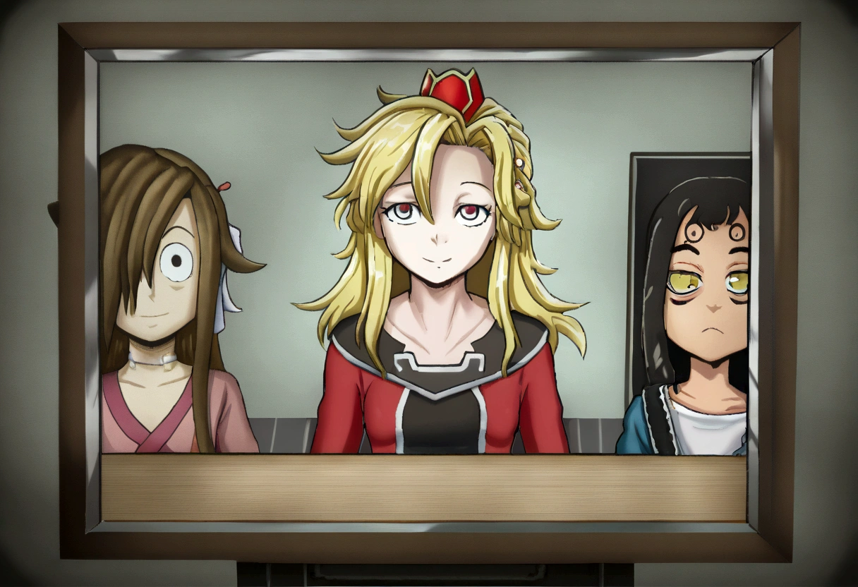(1 chica adolescente, solo:1.4), Yamamura_sadako, (piel gris), flaco, small breasts, sonrisa malvada espeluznante, leaving television, (ojos negros), pelo sobre los ojos, ojos cubiertos, dientes afilados, (labios), Vestido blanco, (trazado de rayos:1.2), penumbra, through the screen, monitor, (Fondo del cuarto oscuro:1.2), (obra maestra, mejor calidad:1.4), (muy detallado:1.2),
