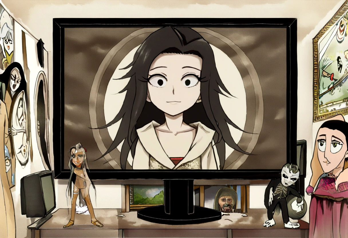(1 chica adolescente, solo:1.4), Yamamura_sadako, (piel gris), flaco, small breasts, sonrisa malvada espeluznante, leaving television, (ojos negros), pelo sobre los ojos, ojos cubiertos, dientes afilados, (labios), Vestido blanco, (trazado de rayos:1.2), penumbra, through the screen, monitor, (Fondo del cuarto oscuro:1.2), (obra maestra, mejor calidad:1.4), (muy detallado:1.2),