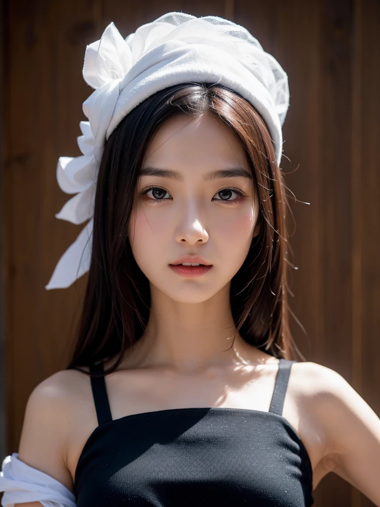 rie,One Woman,(best quality), (ultra detailed), (absolutely resolution), (the body is moist:1.2),Face is front,Highly revealing, 18-year-old, tilt one's head, (Swimsuit Dresses), The color of the swimsuit is orchid purple, The swimsuit has a striped pattern, Black Hair, A room at a resort hotel in the forest