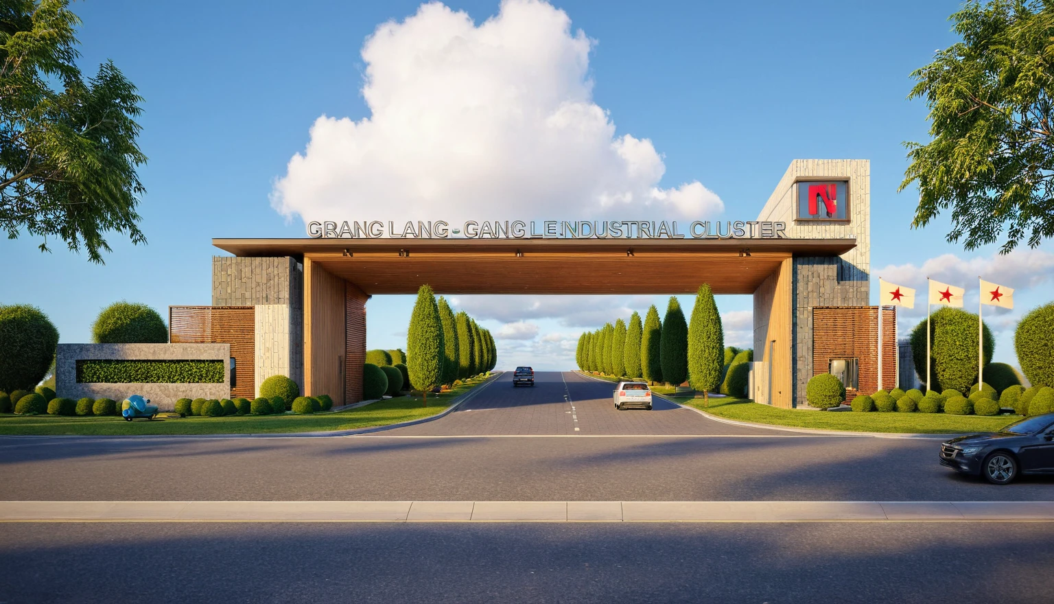 Raw photo,Masterpiece, high quality, best quality, authentic, super detail, soft lighting, high quality, exterior, outdoors, welcome gate style modern, pavement, grass, trees, blue sky, cloud, (day:1.1), vivid colour, (realistic:1.2), unreal engine 5, vray tracing