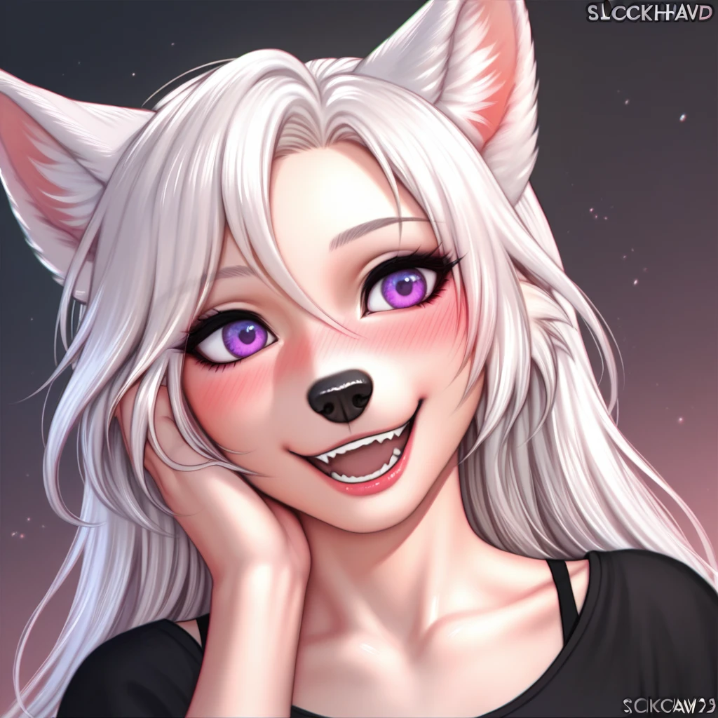 an all white wolf girl, tall, mature, snout, long white hair, white ears, purple eyes, black nose, wearing black blouse, portrait, blushing, her hands on her face, giggling, laughing, squinting, head tilted, coy smile, shy, no background, (by clockhands, by chunie, by honovy), best quality, absurdres, highres, 8k, uhd, intricate details, highly detailed, Clear facial features, digital illustration, realistic shading, outline, detailed lines, detailed linework, proper anatomy, dutch angle
