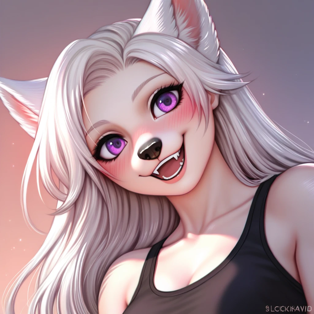 an all white wolf girl, tall, mature, snout, long white hair, white ears, purple eyes, black nose, wearing black blouse, portrait, blushing, her hands on her face, giggling, laughing, squinting, head tilted, coy smile, shy, no background, (by clockhands, by chunie, by honovy), best quality, absurdres, highres, 8k, uhd, intricate details, highly detailed, Clear facial features, digital illustration, realistic shading, outline, detailed lines, detailed linework, proper anatomy, dutch angle
