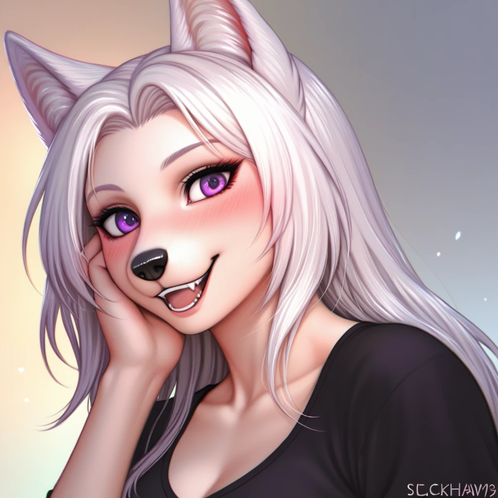 an all white wolf girl, tall, mature, snout, long white hair, white ears, purple eyes, black nose, wearing black blouse, portrait, blushing, her hands on her face, giggling, laughing, squinting, head tilted, coy smile, shy, no background, (by clockhands, by chunie, by honovy), best quality, absurdres, highres, 8k, uhd, intricate details, highly detailed, Clear facial features, digital illustration, realistic shading, outline, detailed lines, detailed linework, proper anatomy, dutch angle
