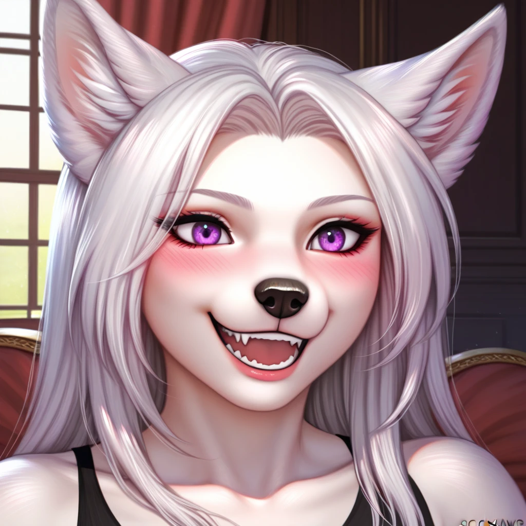 an all white wolf girl, tall, mature, snout, long white hair, white ears, purple eyes, black nose, wearing black blouse, portrait, blushing, her hands on her face, giggling, laughing, squinting, head tilted, coy smile, shy, no background, (by clockhands, by chunie, by honovy), best quality, absurdres, highres, 8k, uhd, intricate details, highly detailed, Clear facial features, digital illustration, realistic shading, outline, detailed lines, detailed linework, proper anatomy, dutch angle
