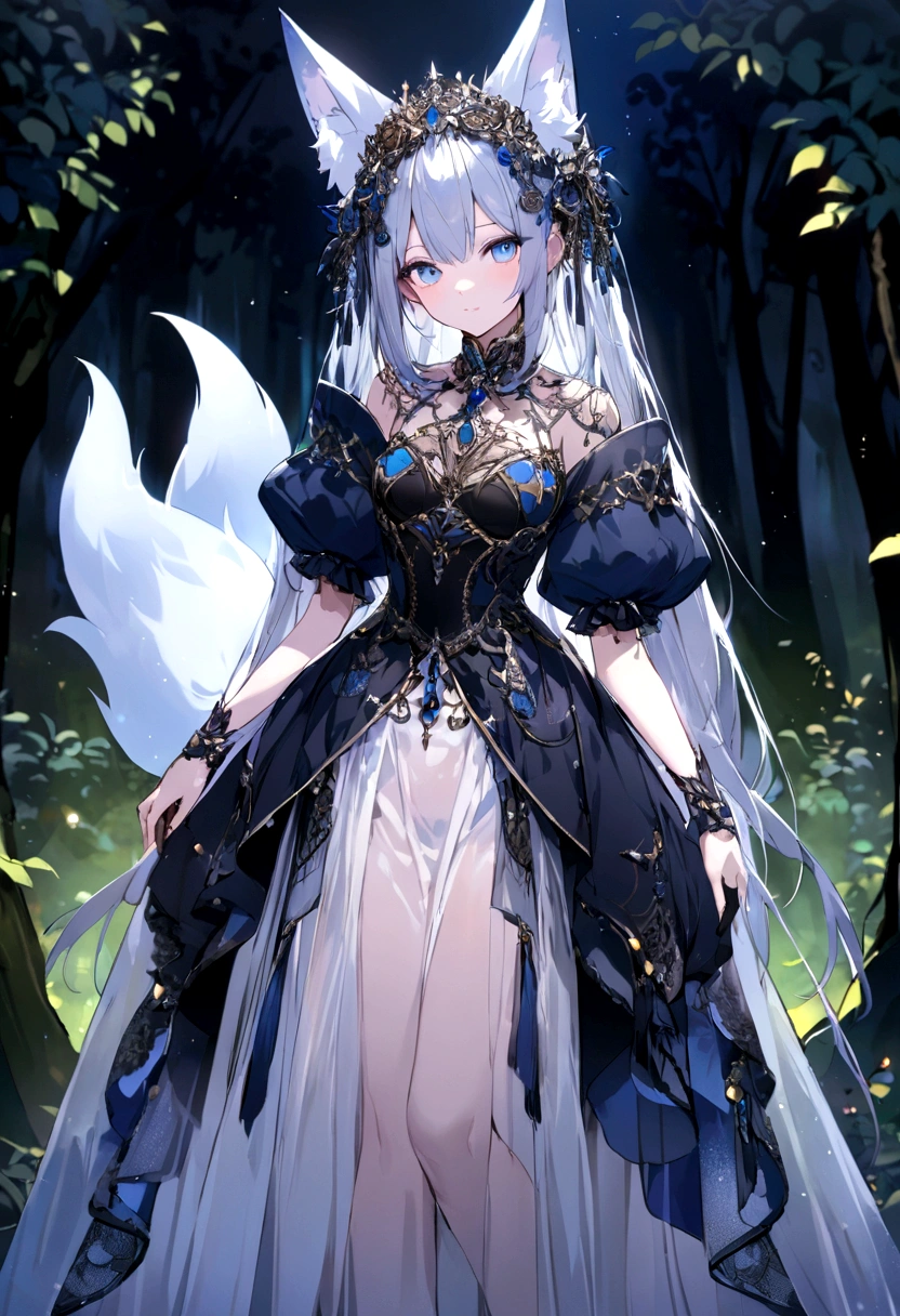 Translucent fox、ghost、looking at the camera、The background is a night forest、Shooting from a distance