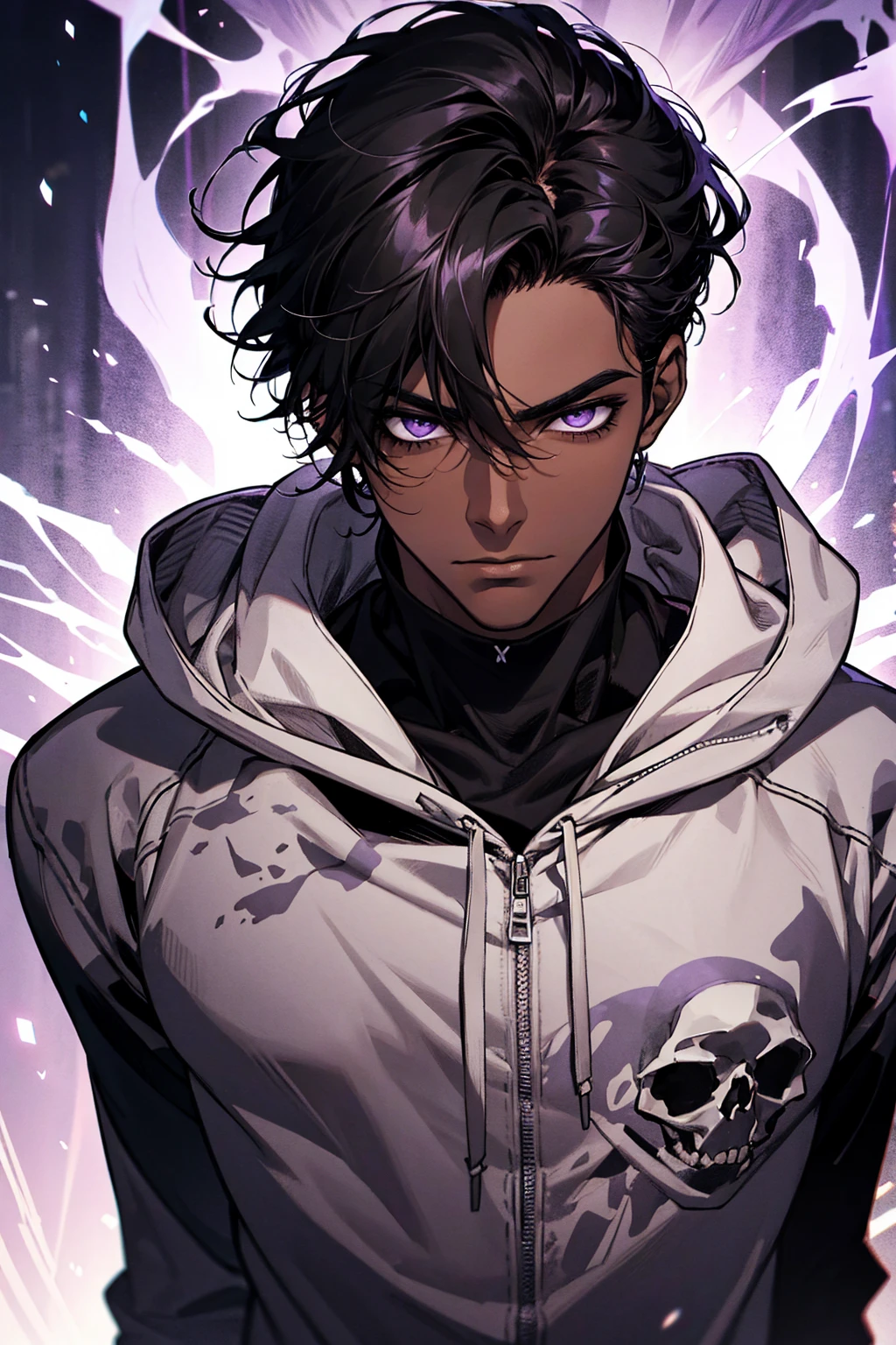 male with bones, looking away from camera, skulls, bones, handsome, black, dark skin, tall, broad shoulders, black hair, purple, purple fire, magic, detailed face, fantasy, hoodie