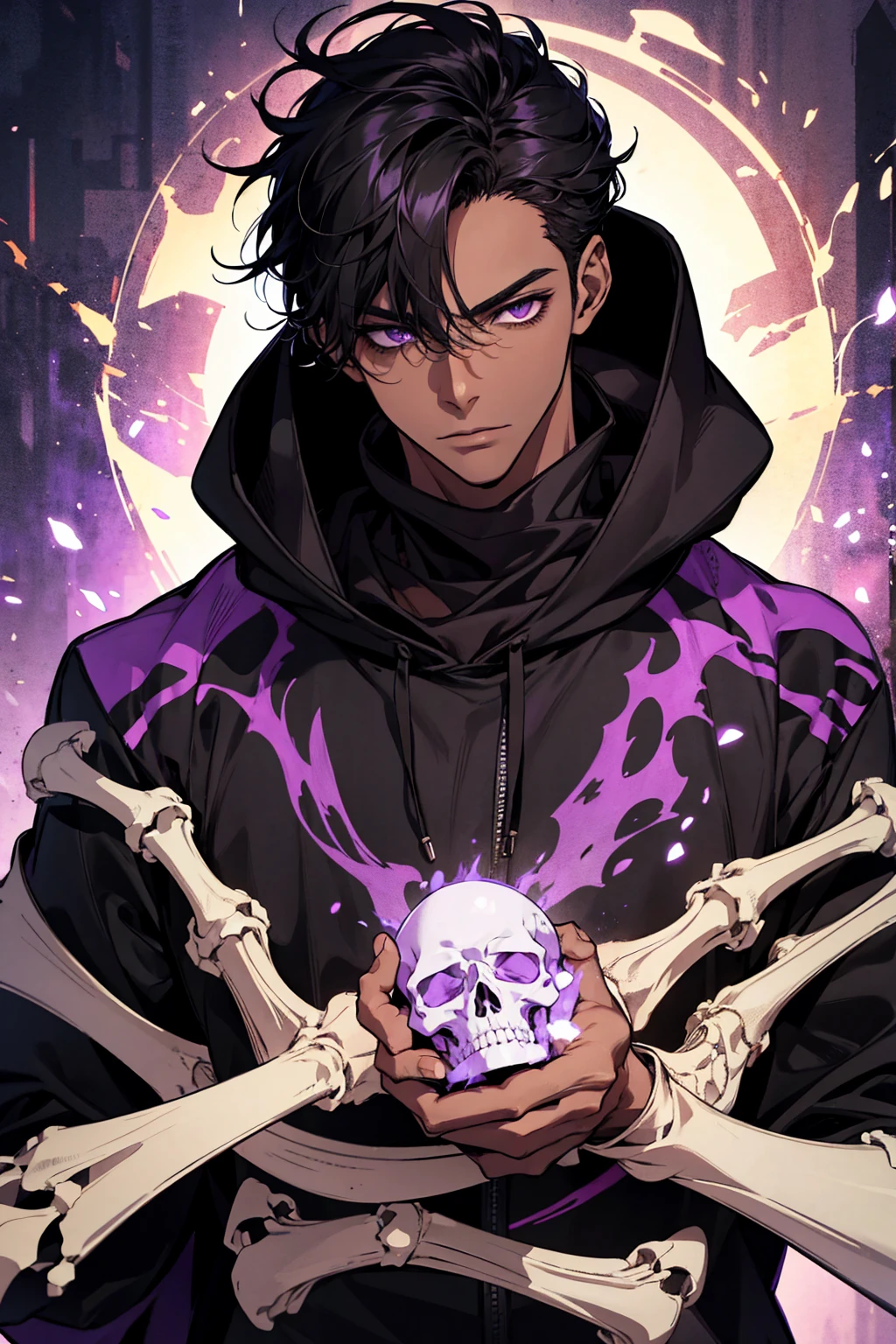 male with bones, looking away from camera, skulls, bones, handsome, black, dark skin, tall, broad shoulders, black hair, purple, purple fire, magic, detailed face, fantasy, hoodie