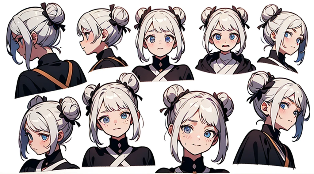 21 years old, White-haired boy, armpit hair length (((Smiley Face, Flirting face, Excited face, Excited face, Scared face, Confused face)))((Bun hairstyle)) white hair,Bright and clear eyes are, short hair, Magic novels, whole body, Freckles on face blue, white and brown wizard robe, White background, (((Detailed character list, Front diagram, side view, three quarter view))) (((White background)))
