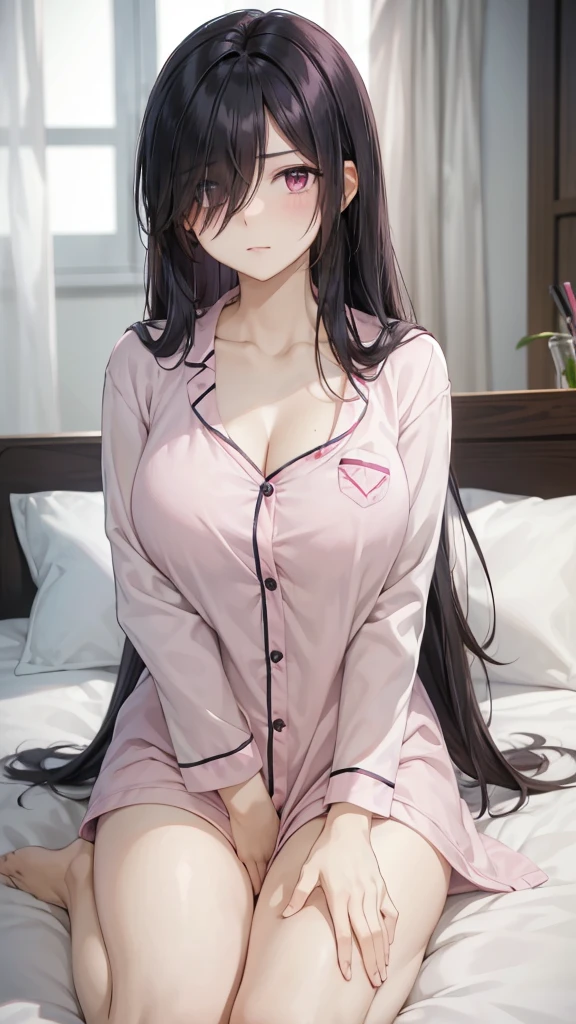 1girl, mature women,perfect ,black hair, long hair, (hair over one eye:1.4), messy hair, hair between eyes,sexy body,busty breast,pink pajama, innocent shy blush on , bed