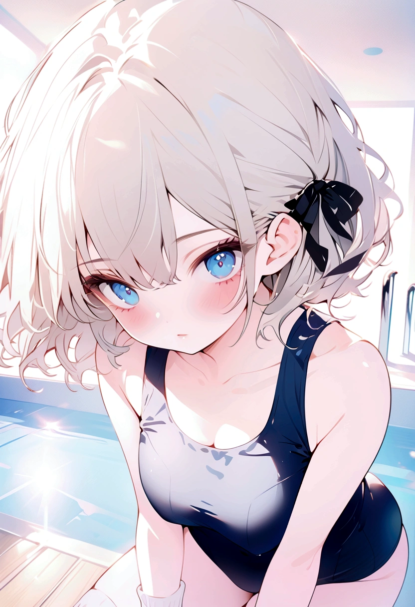 beautiful, masterpiece, highest quality, anime, One girl, C Cup,Portrait Shot, View your viewers, Intricate details,>,((Covered、Short Hair、nearby、Blue Eyes、art、、White hair,Blue streaked hair、wallpaper、ribbon、School swimsuit、White knee socks、Beautiful breasts、Pool、Thighs、Standing posture