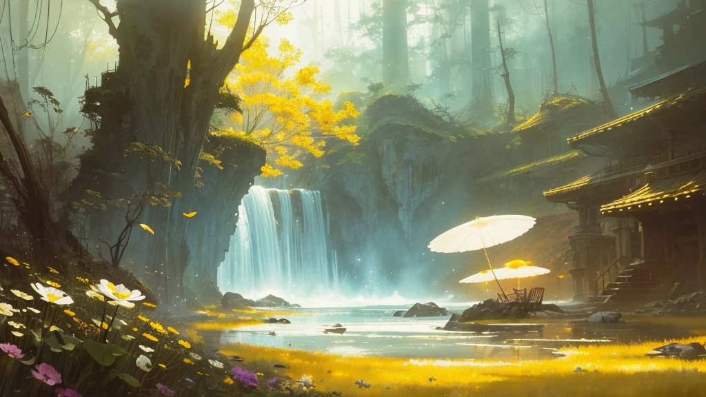32k, Masterpiece, highest quality, One girl, Detailed eyes, flower,Sandersonia, Yellow and white style,A dreamy, romantic piece,Pale orange, Mysterious Leaves,A playful arrangement,Fantasy,High Contrast,Ink strokes,explosion,Exposure, Impression of yellow and white tones,Abstract,((Watercolours by John Berkey and Jeremy Mann )) Brush strokes,Negative Space, Tyndall effect,