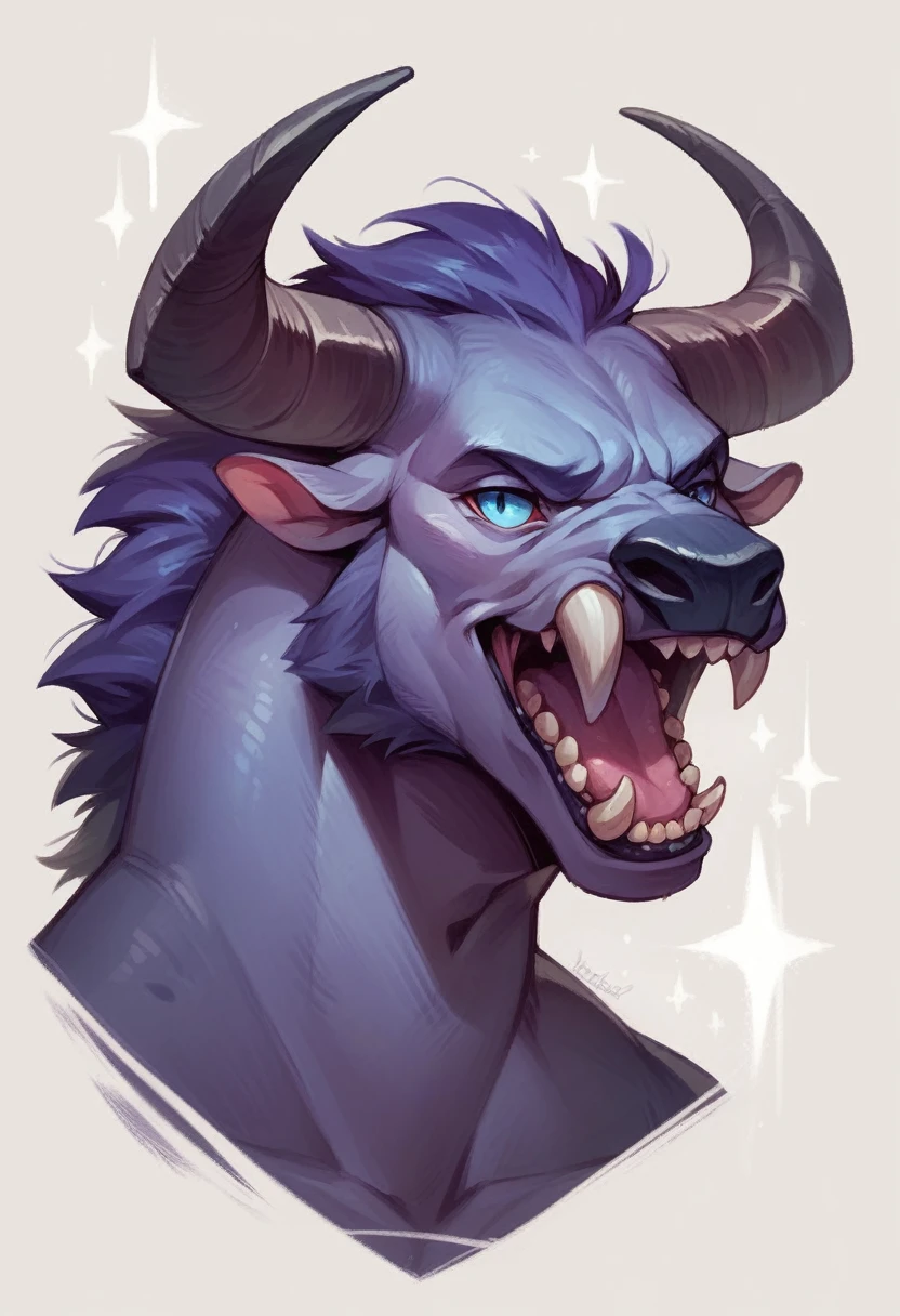 The dragon that like a buffalo with aura , dark purple scale , blue eye , sharp tooth and nail , soft tail