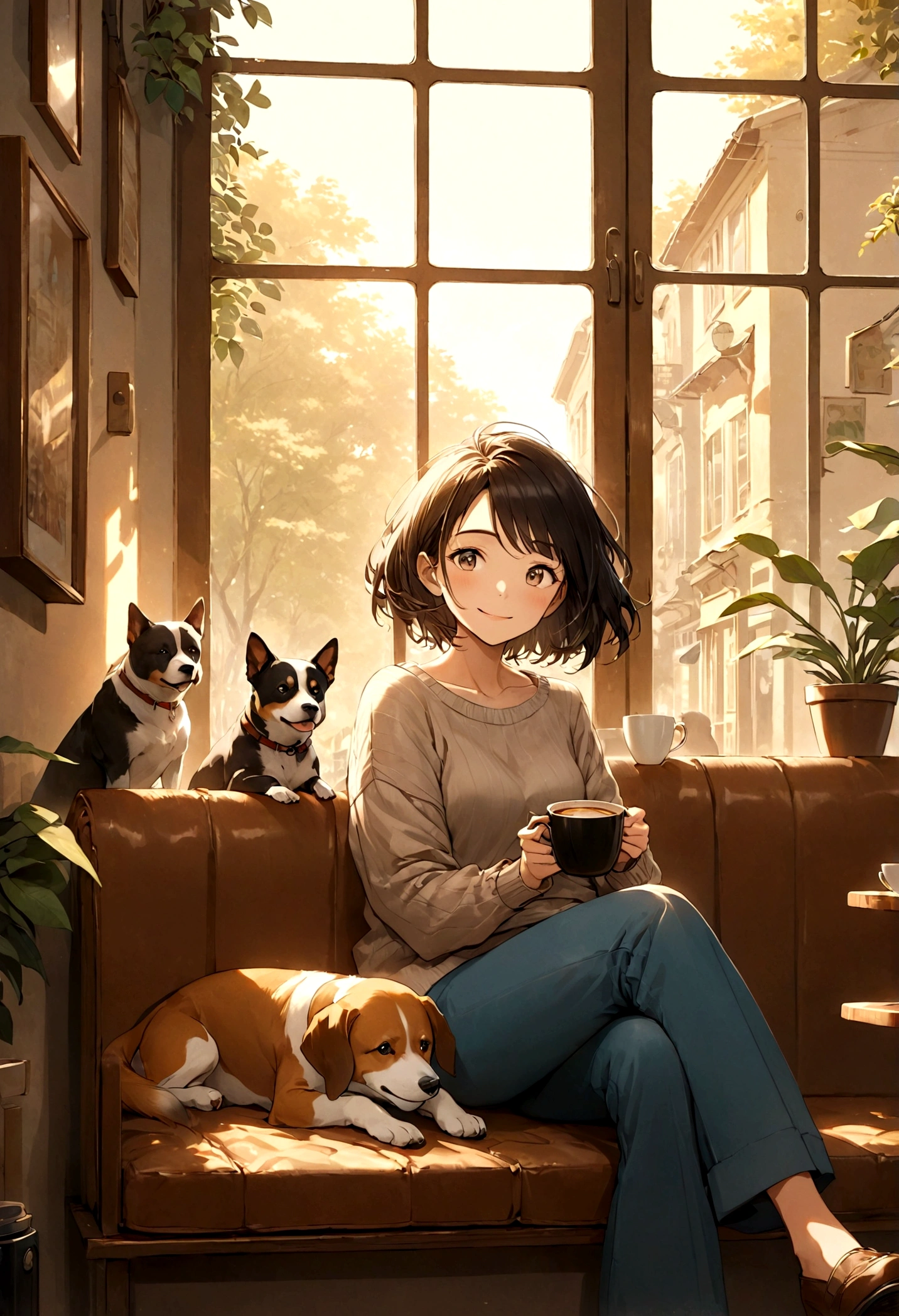 Studio Ghibli style, jazz, retro coffee shop, a relaxed Sunday morning. A woman and a dog are sitting together, enjoying coffee. The woman has a gentle smile and wears casual clothes, while the dog sits beside her on the bench, looking content. The atmosphere is warm and cozy, with sunlight streaming through the window and a hint of jazz music playing in the background. The scene captures a peaceful moment of relaxation and companionship.