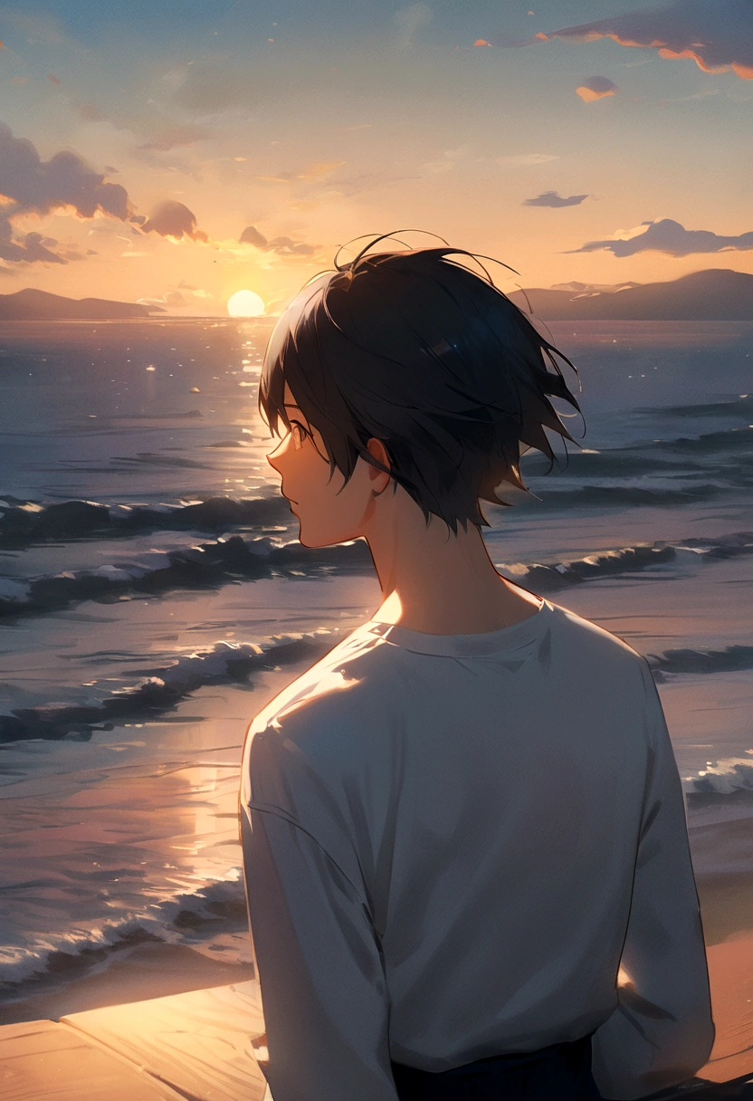 Watching the sunset男性の絵, anime, Watching the sunset男性, Back view, A beautiful 17-year-old man on the horizon, Watching the sunset, short hair, White long sleeve shirt, one person, Makoto Shinkai's Style, guweiz and makoto shinkai, in Makoto Shinkai's Style