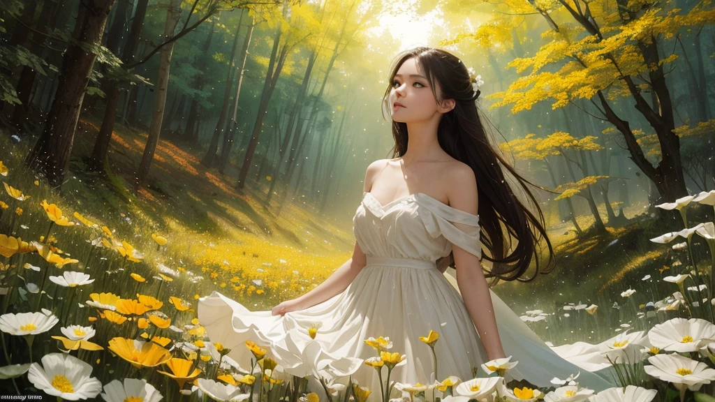 32k, Masterpiece, highest quality, One girl, Detailed eyes, flower,Sandersonia, Yellow and white style,A dreamy, romantic piece,Pale orange, Mysterious Leaves,A playful arrangement,Fantasy,High Contrast,Ink strokes,explosion,Exposure, Impression of yellow and white tones,Abstract,((Watercolours by John Berkey and Jeremy Mann )) Brush strokes,Negative Space, Tyndall effect,